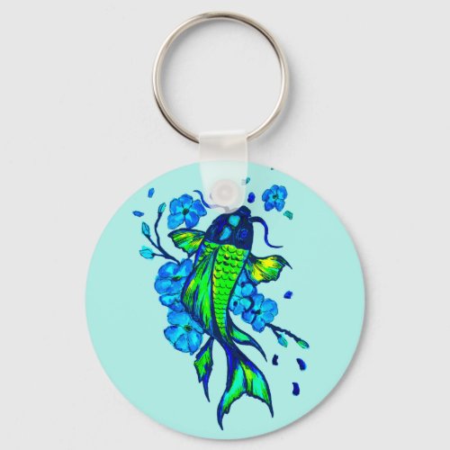 Green Koi Carp and Blue Flowers Keychain