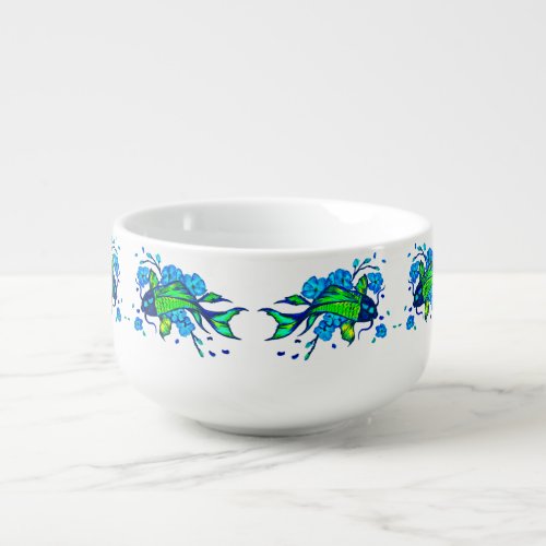 Green Koi Carp and Blue Flowers Soup Mug