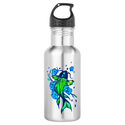 Green Koi Carp and Blue Flowers Stainless Steel Water Bottle