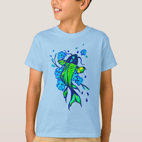 Green Koi Carp and Blue Flowers T_Shirt