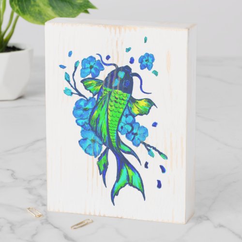 Green Koi Carp and Blue Flowers Wooden Box Sign