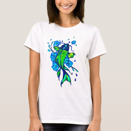 Green Koi Carp Blue Flowers T_Shirt