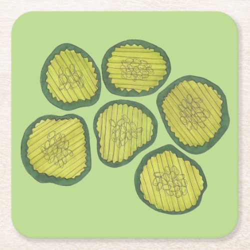 Green Kosher Dill Pickle Chips Sweet Pickle Decor Square Paper Coaster