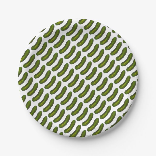Green Kosher Dill Pickle Foodie Print Cucumber Paper Plates (Front)