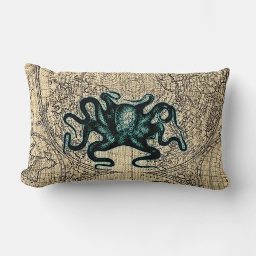 Green Kracken Illustration Map Coastal Honey Color Lumbar Pillow