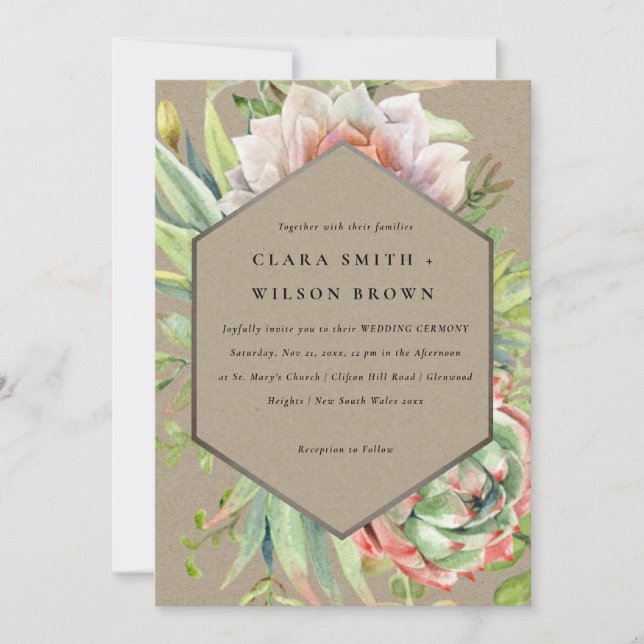 GREEN KRAFT DESERT SUCCULENT CACTI FOLIAGE WEDDING INVITATION (Front)