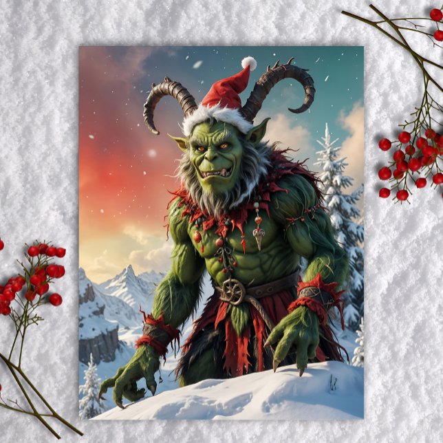 Green Krampus On Snowy Mountaintop Christmas Grump Holiday Postcard (Green Krampus anti-Christmas monster legend character weird holiday postcard art)