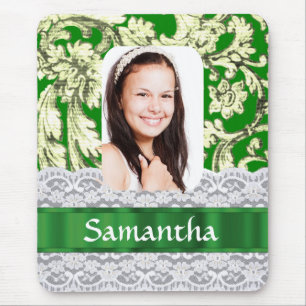 Green lace damask personalized photo mouse pad