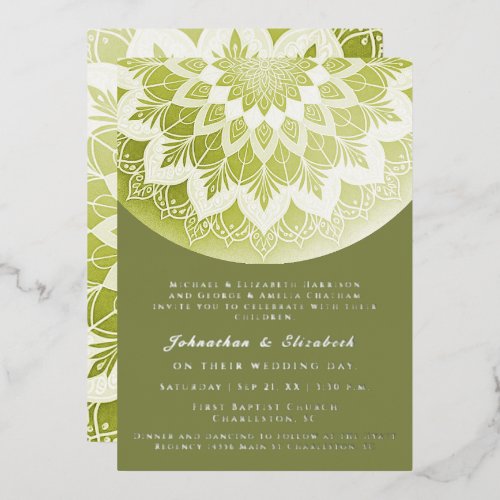 Green Lace Mandala Wedding Foil Invitation