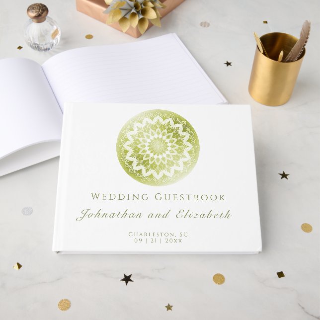 Green Lace Mandala Wedding Guest Book (Front Open)