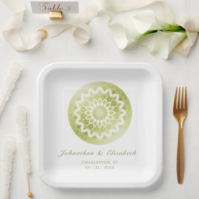 Green Lace Mandala Wedding Paper Plates (Wedding)