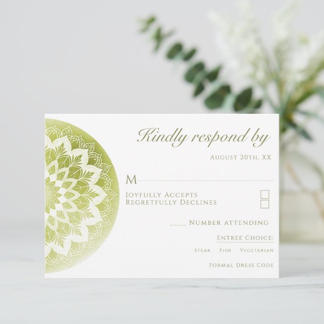Green Lace Mandala Wedding RSVP Card (Standing Front)