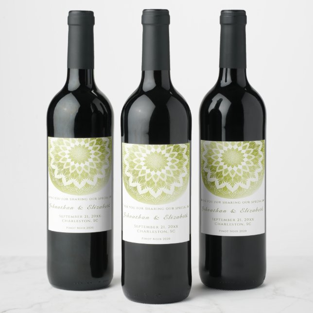 Green Lace Mandala Wedding Wine Label (Bottles)