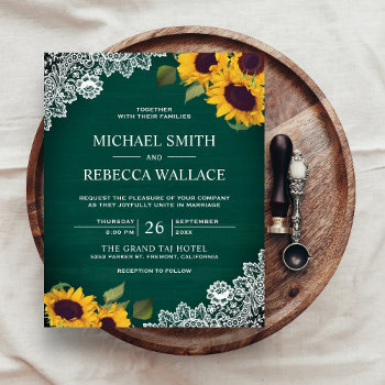 Green Lace Sunflower Budget Wedding Invitation by ShabzDesigns at Zazzle