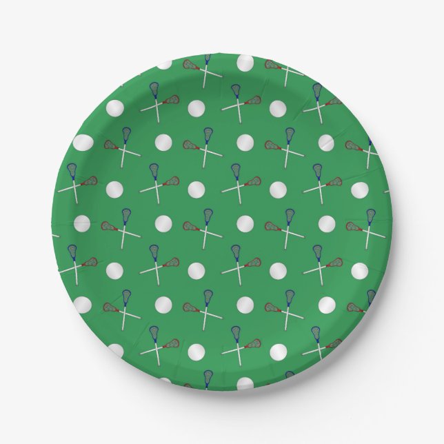 Green lacrosse pattern paper plates (Front)