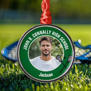 Green Lacrosse Player Photo High School Christmas Metal Ornament