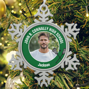 Green Lacrosse Player Photo High School Snowflake Pewter Christmas Ornament