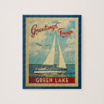 Green Lake Jigsaw Puzzle Sailboat Retro Wisconsin<br><div class="desc">This Greetings From Green Lake Wisconsin vintage travel nautical design features a boat sailing on the water with seagulls and a blue sky filled with gorgeous puffy white clouds.</div>