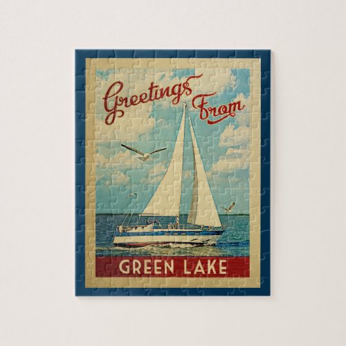 Green Lake Jigsaw Puzzle Sailboat Retro Wisconsin