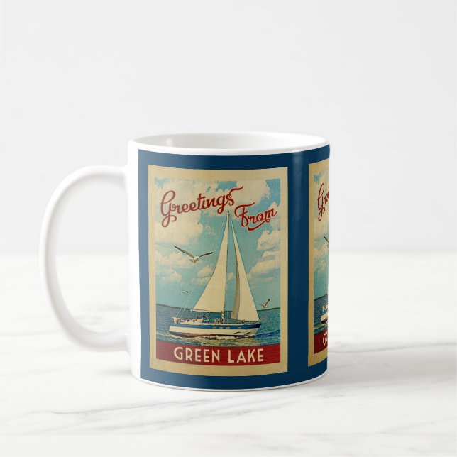 Green Lake Sailboat Vintage Travel Wisconsin Coffee Mug (Left)