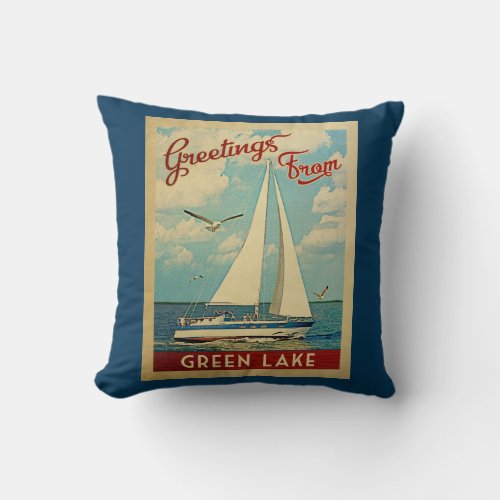 Green Lake Sailboat Vintage Travel Wisconsin Throw Pillow