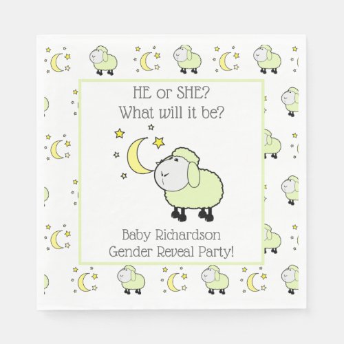 Green Lamb with Moon and Stars Gender Reveal Party Napkins