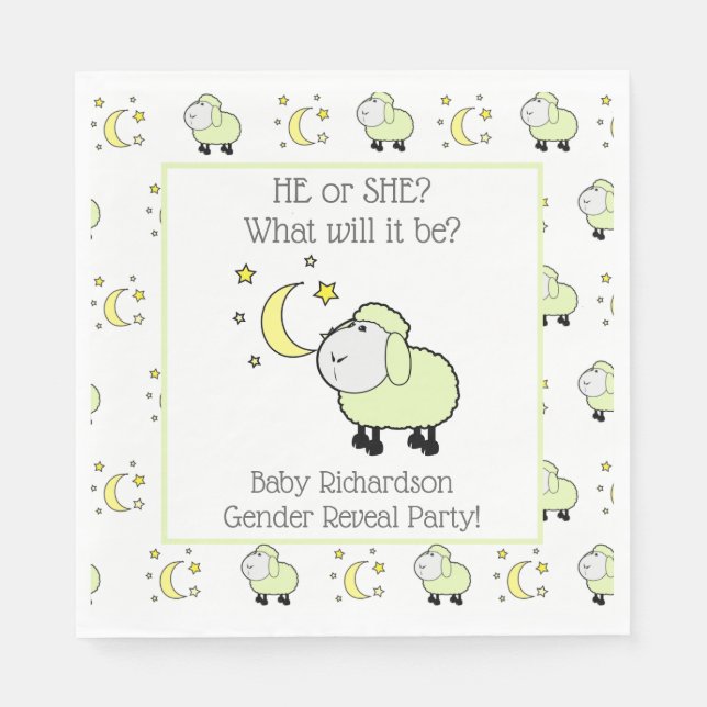 Green Lamb with Moon and Stars Gender Reveal Party Napkins (Front)