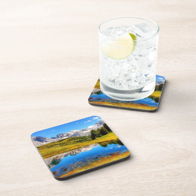 Green Landscape with Pond and Snowy Mountains Beverage Coaster (Right Side)
