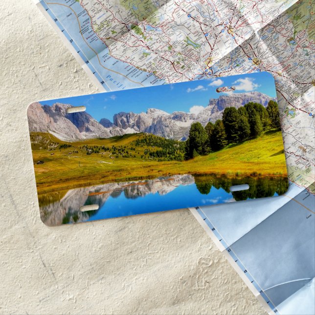 Green Landscape with Pond and Snowy Mountains License Plate (In Situ)