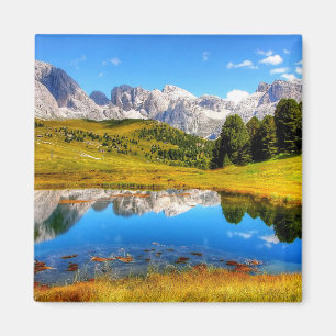 Green Landscape with Pond and Snowy Mountains Magnet