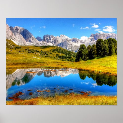 Green Landscape with Pond and Snowy Mountains Poster