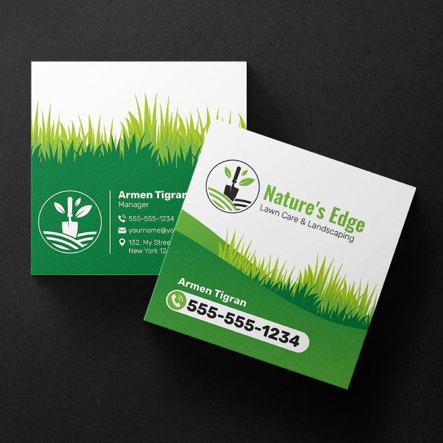 Green Landscaping Lawn Care Gardener Mowing Square Business Card (Creator Uploaded)