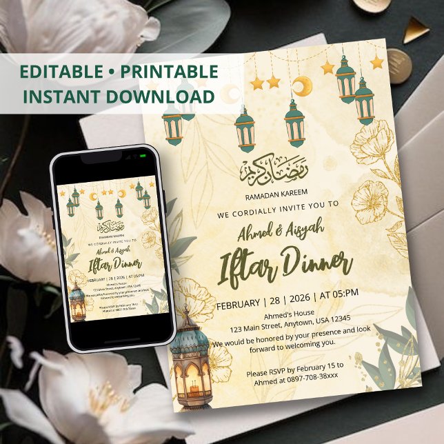 Green Lantern & Gold Floral Ramadan Iftar Invitation (Creator Uploaded)
