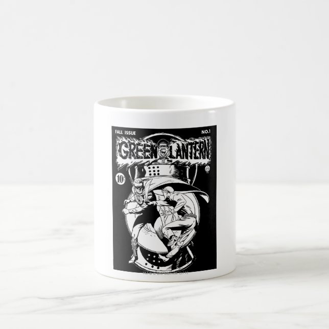 Green Lantern with cape in fight, Black and White Coffee Mug (Center)