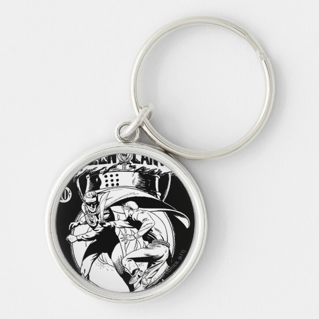 Green Lantern with cape in fight, Black and White Keychain (Front)