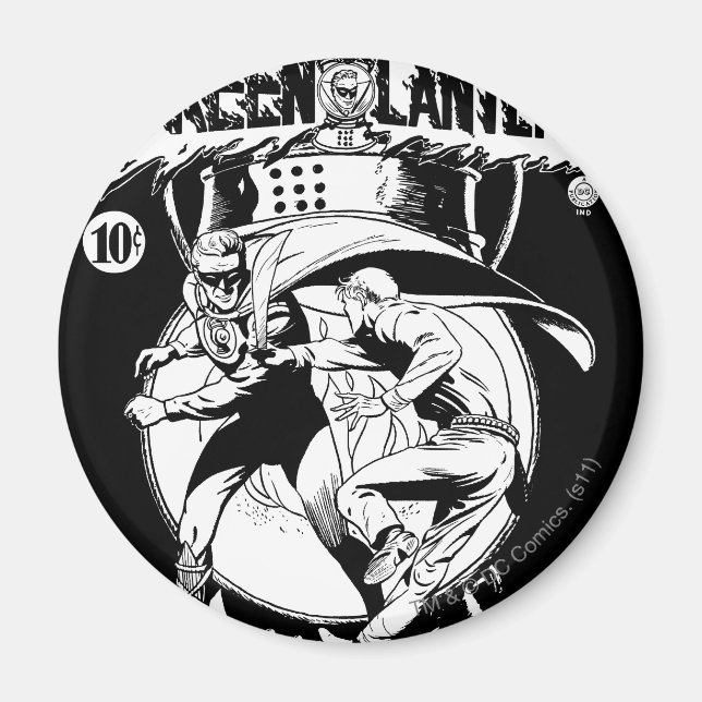 Green Lantern with cape in fight, Black and White Magnet (Front)