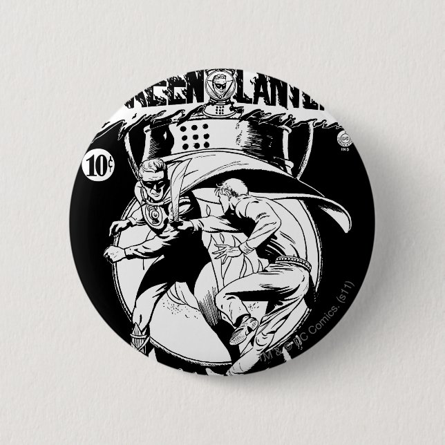 Green Lantern with cape in fight, Black and White Pinback Button (Front)