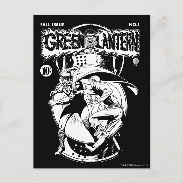 Green Lantern with cape in fight, Black and White Postcard (Front)