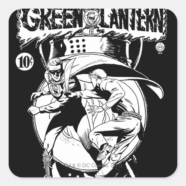 Green Lantern with cape in fight, Black and White Square Sticker (Front)