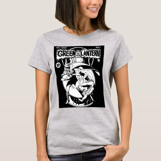 Green Lantern with cape in fight, Black and White T-Shirt (Front)