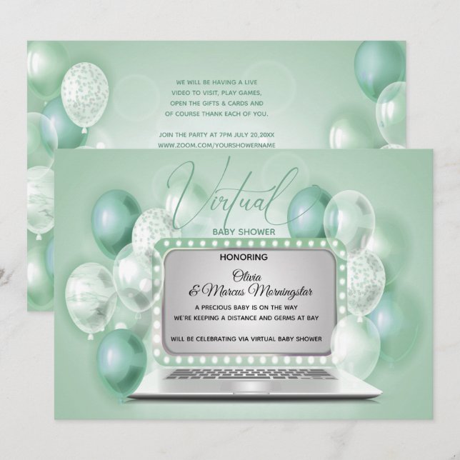 Green Laptop Virtual Gender Neutral Baby Shower Invitation (Front/Back)