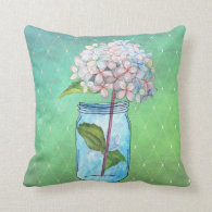 Green Latticed Hydrangea in Blue Jar Throw Pillow