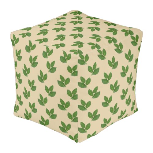 Green Laurel Leaf Pattern on Light Beige Pouf