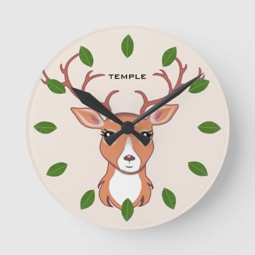 Green Laurel Leaves  Cute Reindeer Face Round Clock