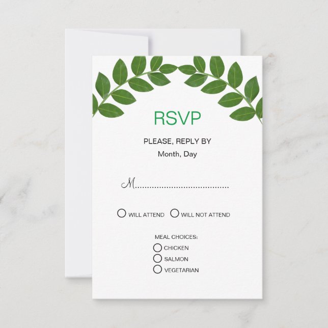Green Laurel Leaves Wedding RSVP Card (Front)