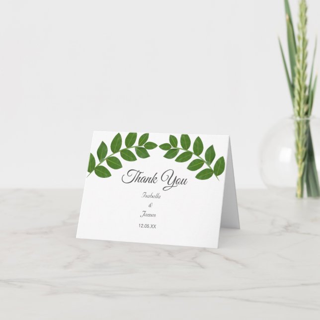 Green Laurel Leaves Wedding Thank You Card (Front)