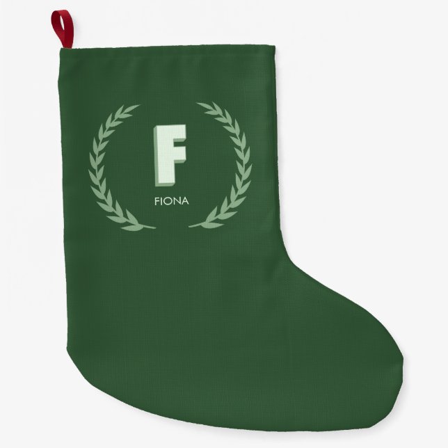 Green Laurel Wreath Letter F Monogram  Large Christmas Stocking (Front)