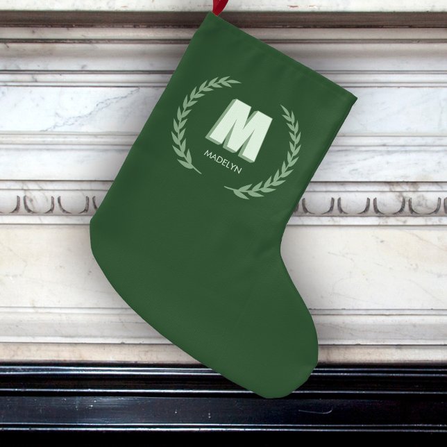 Green Laurel Wreath Letter M Monogram  Large Christmas Stocking (Creator Uploaded)