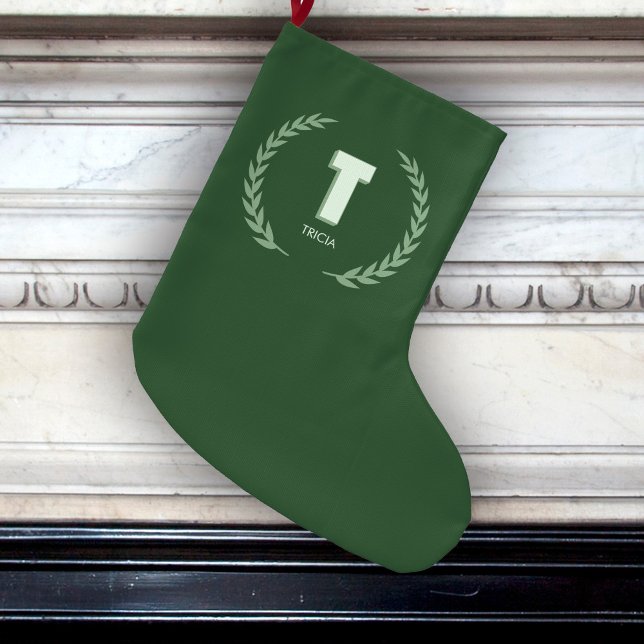Green Laurel Wreath Letter T Monogram  Large Christmas Stocking (Creator Uploaded)