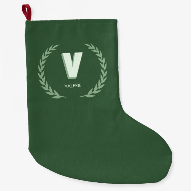 Green Laurel Wreath Letter V Monogram  Large Christmas Stocking (Front)